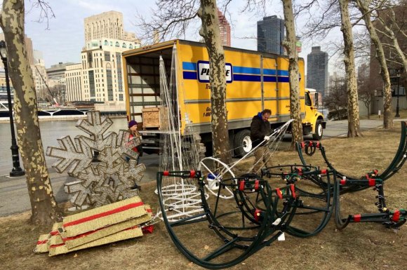 Roosevelt Island Year in Pictures, 2018: Part One In January, Winter Wonderland decorations disassembled for carting away.
